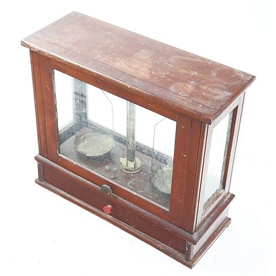 Vintage Scientific Balance Scales in Timber and Glass Cabinet
