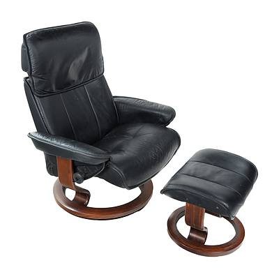 Stressless Admiral Black Leather Reclining Armchair with Matching Ottoman
