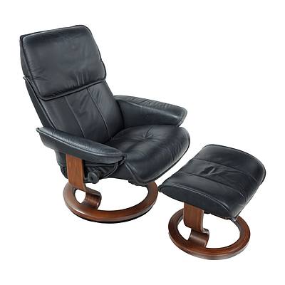 Stressless Admiral Black Leather Reclining Armchair with Matching Ottoman
