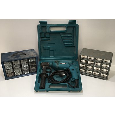 Makita HP1501 Hammer Drill And Assorted Hardware