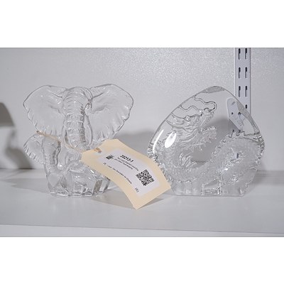 Two Large Elephant and Dragon Glass Paperweights
