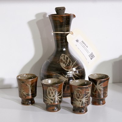 Studio Pottery Decanter with Four Matching Beakers