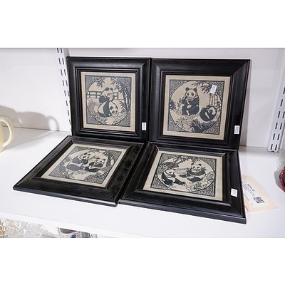 Four Framed Chinese Paper Cutout Panda Artworks on Bamboo Paper