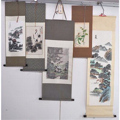 Five Chinese Silk and Rice Paper Scrolls