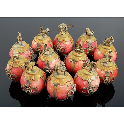 Twelve Chinese Zodiac Gemstone and Silver Metal Ball Figurines