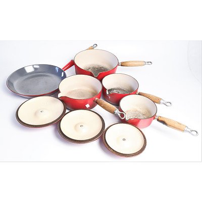 Le Creuset French Enameled Cast Iron Set Including 14,16,18, Saucepan with Lids, 22cm Saucepan and Fry Pan