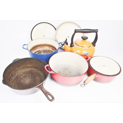 Quantity of Le Creuset French Enameled Cast Iron Cookware Including 20, 24, 27cm Saucepans with Lids, Another Casserole Dish and Kettle