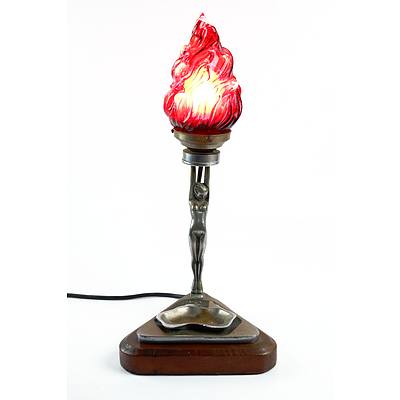 Art Deco Chrome Diana Lamp with Cranberry Glass Flame Shade and Sydney Harbour Bridge Ashtray Set into Base