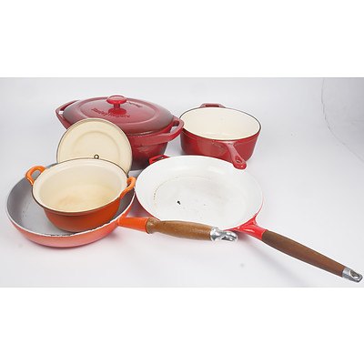 Collection of Enameled Cast Iron Cookware Including Stanley Rogers Casserole with Lid, Copco Frypan, Cousances 20cm Saucepan with Lid and More