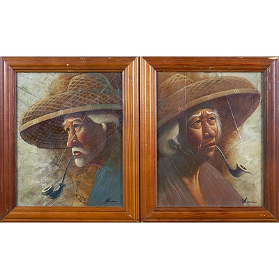 A Pair of Chinese Portraits Painted on Pressed Leaves (2)