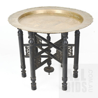 Vintage Middle Eastern Side Table with Decorative Turned Wooden Folding Base and Etched Brass Tray Top