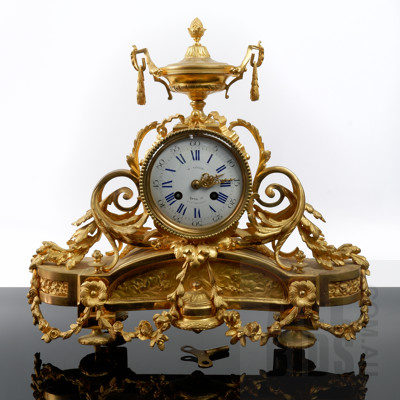 French Antique Style Gilt Brass and Ormolu Mantle Clock with Ornate Decoration