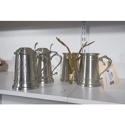 Four Selangor Pewter Steins and a Brass Stag Head Wall Hook