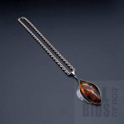 Sterling Silver Amber Pendant on Sterling Silver Triple Rope Chain