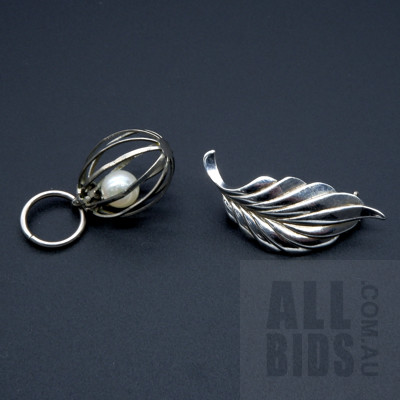 Sterling Silver and Pearl Pendant with a Sterling Silver Leaf Brooch