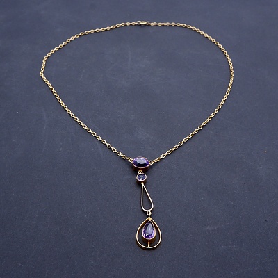 Antique 9ct Yellow Gold Necklet with Amethyst Centre and Drop