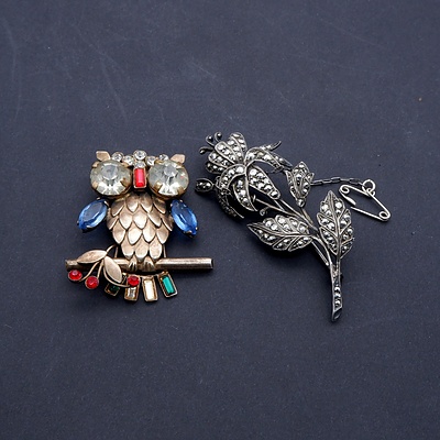 Silver Marcasite Flower Brooch and Another Silver Gilt Owl Brooch
