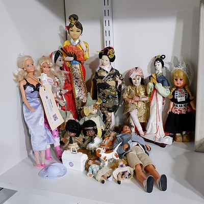 Assorted Vintage Barbie Dolls, Small porcelain Dolls and National Costume Dolls