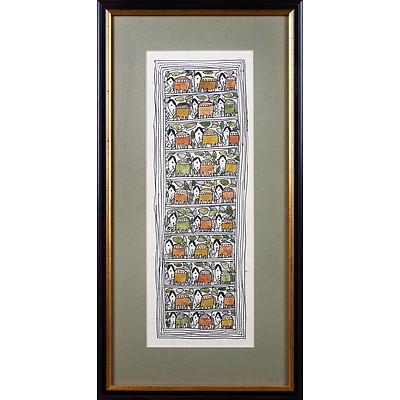 A Framed Ink & Watercolour Elephant Motif Painting, 35 x 12 cm