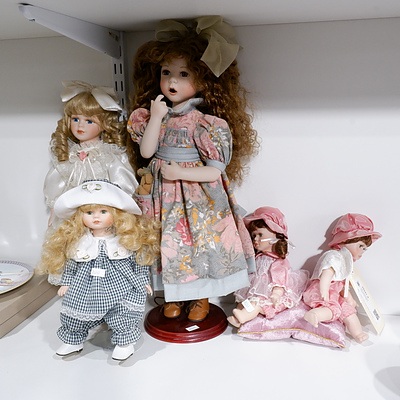 Vintage Hillview and Two Alberon Limited Edition Porcelain Dolls with Stand  and Small Musical Dolls on Cushion