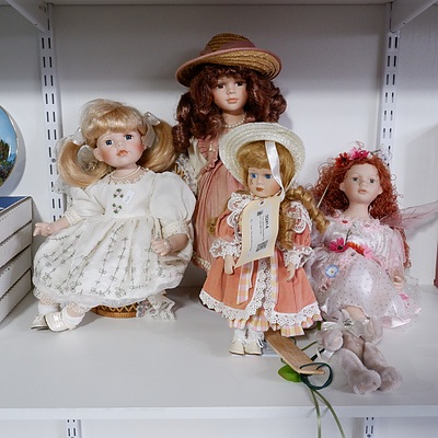 Four Various Porcelain Dolls - One with Chair