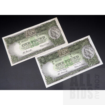 Two Australian One Pound Notes, Coombs/Wilson HF 41 713761, HH 73 202012