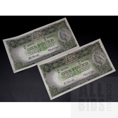 Two Australian One Pound Notes, Coombs/Wilson HK 62 462444, HK 61 568471