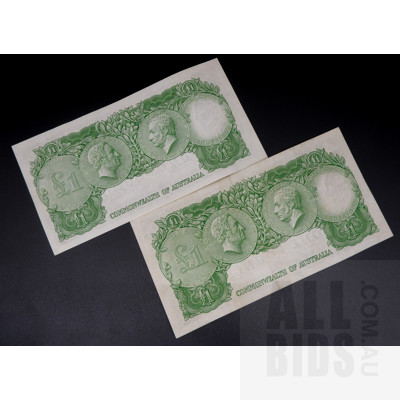 Two Australian One Pound Notes, Coombs/Wilson HK 62 462444, HK 61 568471