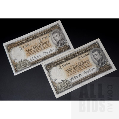 Two Australian Ten Shillings Notes, Coombs/Wilson AH 62 182892, AG 32 479628