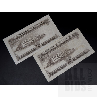 Two Australian Ten Shillings Notes, Coombs/Wilson AH 62 182892, AG 32 479628