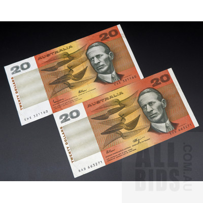 Two Australian 20 Dollar Notes Johnston/Fraser EHE 321160, Fraser/Higgins RAD663271