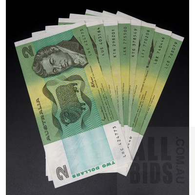 Eight Australian Two Dollar Notes Johnston/Fraser