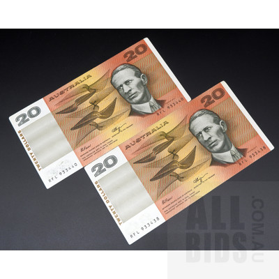 Two Australian 20 Dollar Notes Fraser/Higgins RFL 933438, RFL 933440