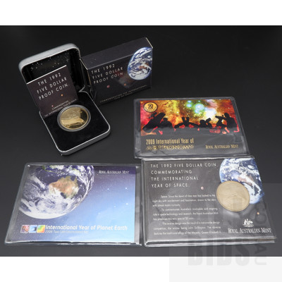 1992 Year of Space Five Dollar Proof Coin, 2008 Year of Planet Earth Two Coin Uncirculated Set, 2009 year of Astronomy Two Coin Uncirculated Set and 1992 Year of Space Five Dollar Coin