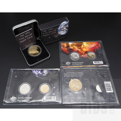 1992 Year of Space Five Dollar Proof Coin, 2008 Year of Planet Earth Two Coin Uncirculated Set, 2009 year of Astronomy Two Coin Uncirculated Set and 1992 Year of Space Five Dollar Coin