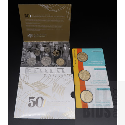Three 2016 Round 50c Gold Plated 50th Anniversary of Decimal Currency Uncirculated Coins and 2015 50th Anniversary of the RAMSix Coin Unciculated Set