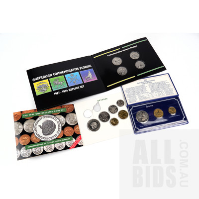 Australian Commemorative Florin Replica Set, 1988 Arnott's Bicentenary Australian Coin Collection and 1991 Uncirculated Coin Set Missing 1 and 2 Cent Coins