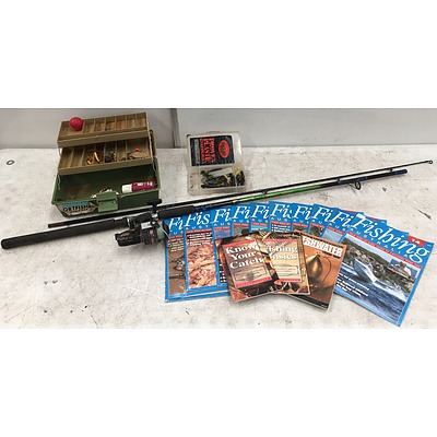 Jarvis Walker Fishing Rod With Assorted Tackle And Magazines