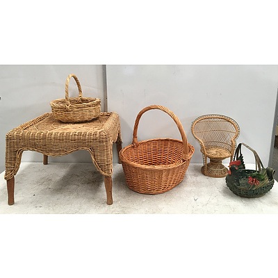 Wicker Baskets, Wicker Occasional Table, Rattan Egg Basket And Woven Reed Peacock Chair - Lot OF Five