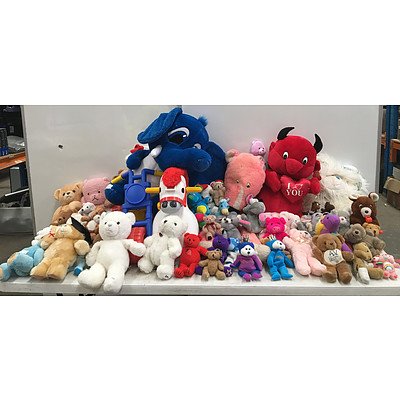 Bulk Lot Of Assorted Plush Toys And Two Kids Ride-On Toys