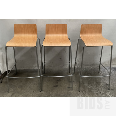 Contemporary Chrome And Timber Bar Stools - Lot Of Three