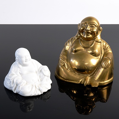 Brass and Porcelain Sitting Buddha Figurines
