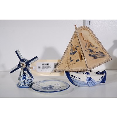 Vintage Delft Windmill, Small Plate and a Sailboat Electric Table Lamp with Handpainted Shade