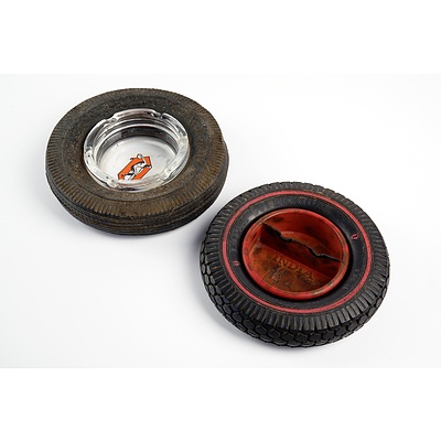 Vintage Olympic Rubber Tyre Ashtray with Glass Tray and a India Super Konskid Tyre Ashtray with Bakelite Liner