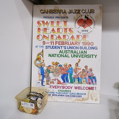 1990 Canberra Signed Poster Mounted on Board and a Selection of Jazz Festival Badhges