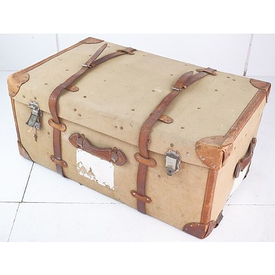 Antique Canvas and Leather Bound Travel Trunk