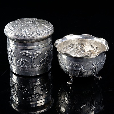 Eastern Silver Metal Lidded Canister and Footed Bowl - Unmarked possibly silver