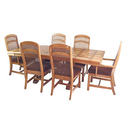 French Antique Style Extension Dining Table in Beech and Chestnut with Six Rattan Backed Chairs Including Two Carvers
