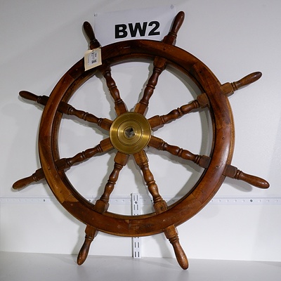 Large Antique Style Wooden Ship's Wheel with Brass Centerpiece