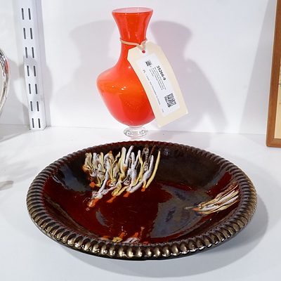 Mid century West German Bowl and a Radio Brand Hand Crafted Orange Pedestal Glass Vase